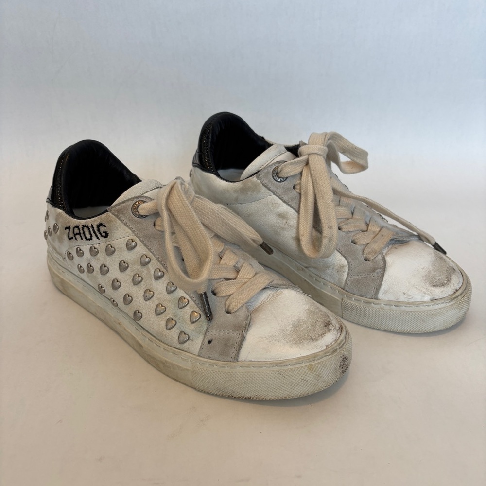 Zadig‎ & Voltaire womens white leather Heart Studded Sneakers distressed size 36